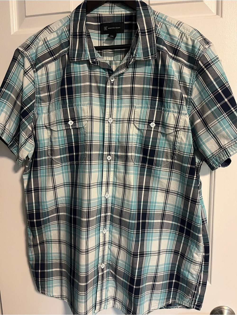 INC Teal Black and White Plaid Short-Sleeve Button-Down Shirt.  Size XL